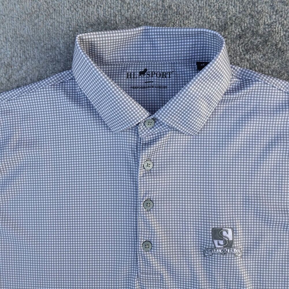 HL Sport Shirt Men's M Medium White Gray Check Performance Golf Polo Stretch